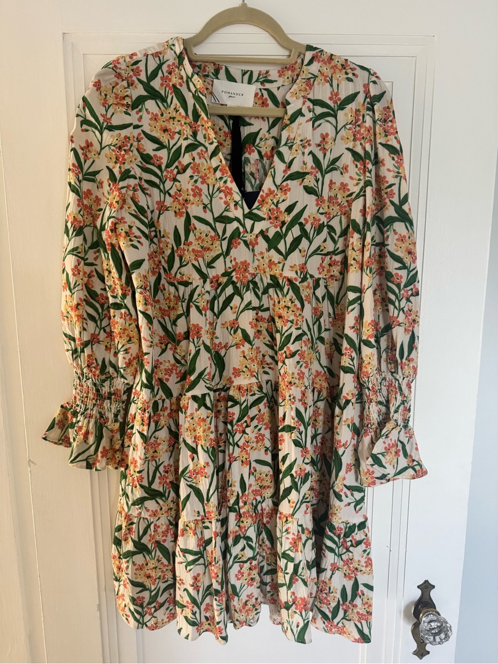 Pomander Place Cream Floral Mini Dress with Green Leaves and Peach Flowers